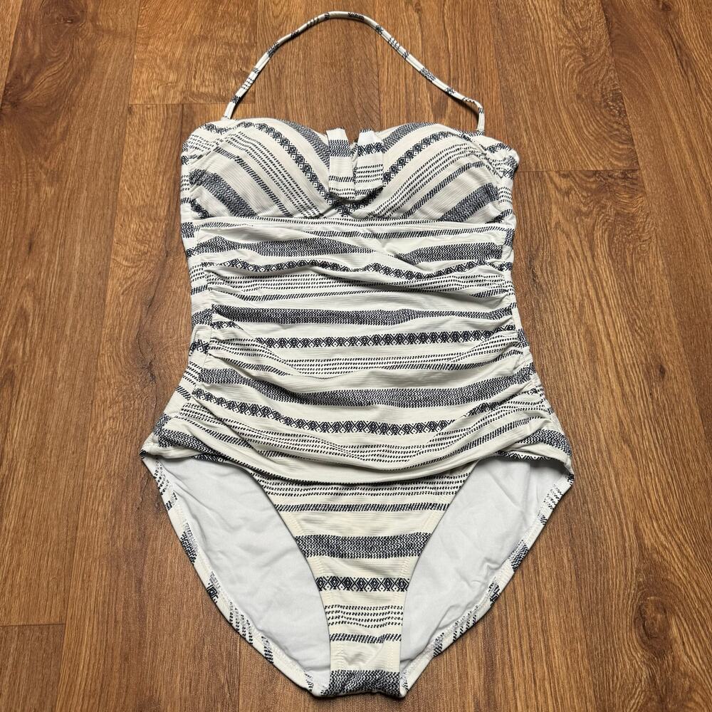 Tommy Bahama Womens One Piece Swim Suit White Striped Strapless Halter Size 10